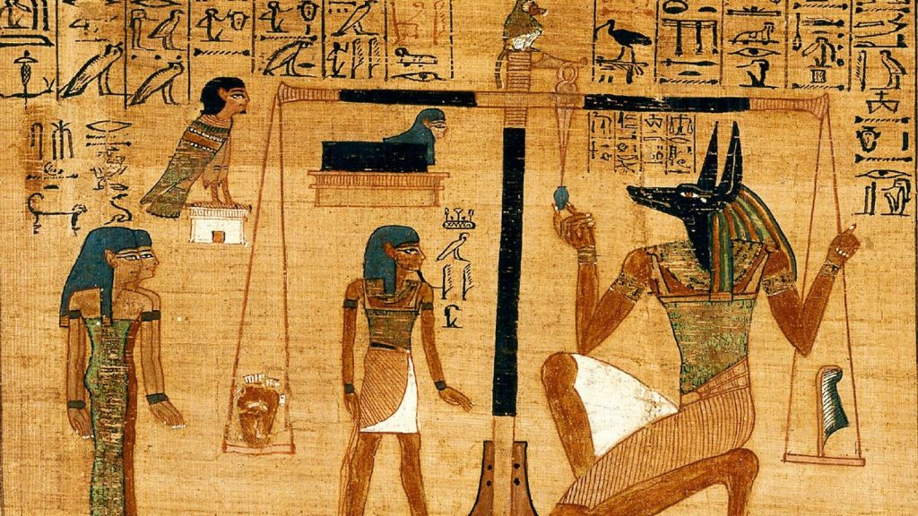 Figure 1 The weighing of the heart ceremony, the judgment day of the ancient Egyptian religion. The heart of the dead is weighed against the Feather of Ma'at, the goddess of truth and justice. In the Papyrus of Ani circa 1200 bc -(The Book of the Dead).