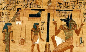 Figure 1 The weighing of the heart ceremony, the judgment day of the ancient Egyptian religion. The heart of the dead is weighed against the Feather of Ma'at, the goddess of truth and justice. In the Papyrus of Ani circa 1200 bc -(The Book of the Dead).